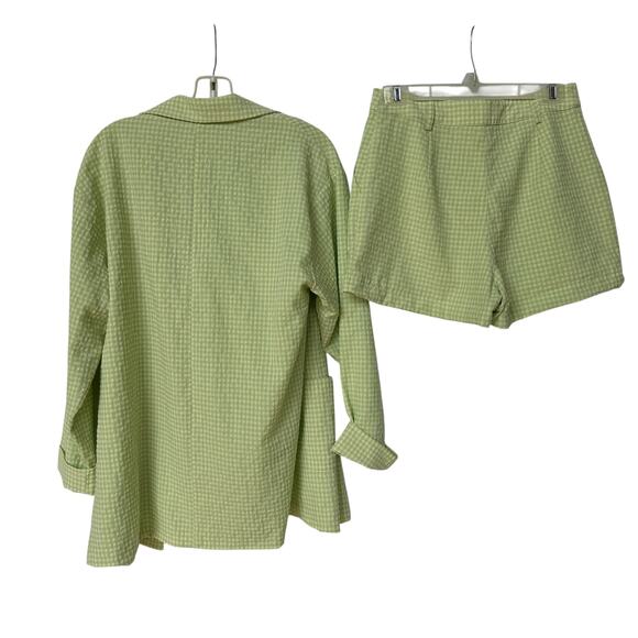 Le Lis Blazer Shorts Crop Top Green Yellow Gingham Plaid Suit 3 Pc Women's S/M - Picture 2 of 16